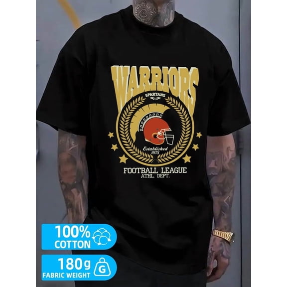 Warriors Football Tee for men black 180G 100% Cotton New spring and autumn styles Fashionable printed T-shirts Unique Design Unisex Shirt Crewneck tshirts