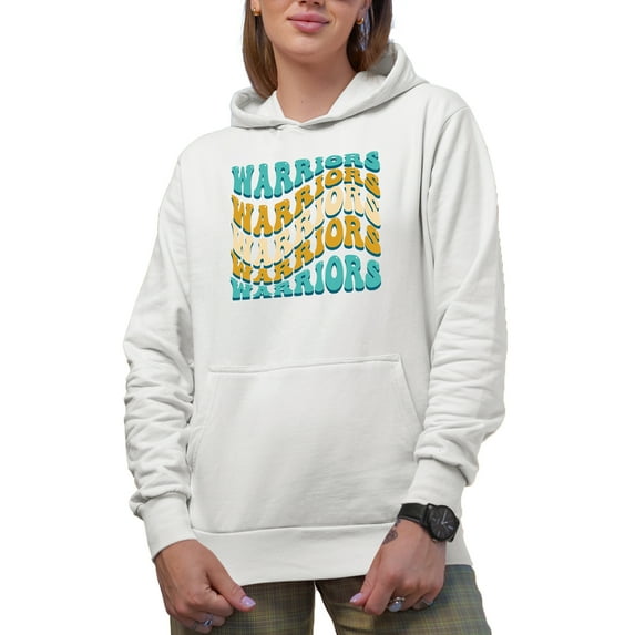 Warriors, Groovy Retro Wavy Text Merch Gift, White Hooded Sweatshirt or Hoodie, Small