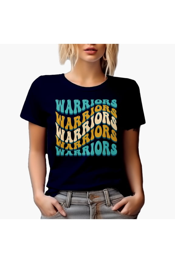Warriors, Team Name, Groovy Retro Wavy Text Merch Gift, Navy Blue T-Shirt, Small