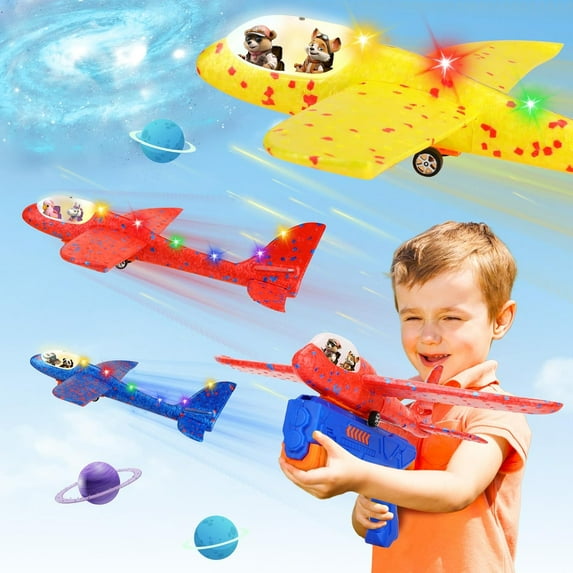 Warriors of The Universe Airplane Toy & Flying Toys | Large 3 Pack Airplane Launcher Toy with LED Lights |Indoor Outdoor Toys for Boys and Girls 4-6, 6-8, 8-13 | Best Kids Toys