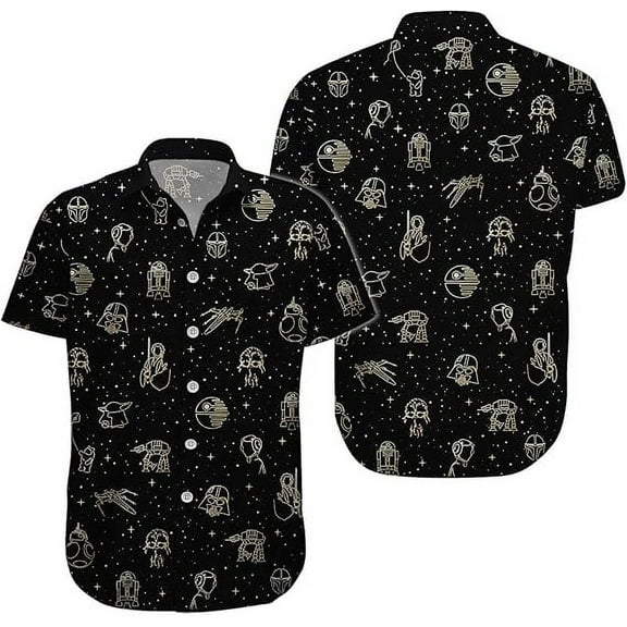 Wars Movie Hawaiian Shirt, Space Button Short Sleeve Top, Warship Themed Black Beach Shirts