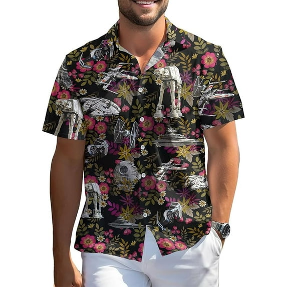 Wars Movie Hawaiian Shirt, Space Button Short Sleeve Top, Warship Themed Black Floral Aloha Shirts