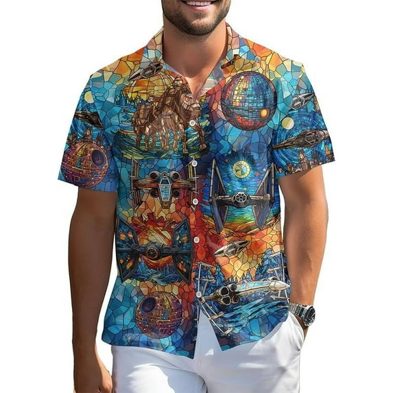 Wars Movie Hawaiian Shirt, Space Button Short Sleeve Top, Warship Themed Stained Glass Pattern Printed Aloha Shirts