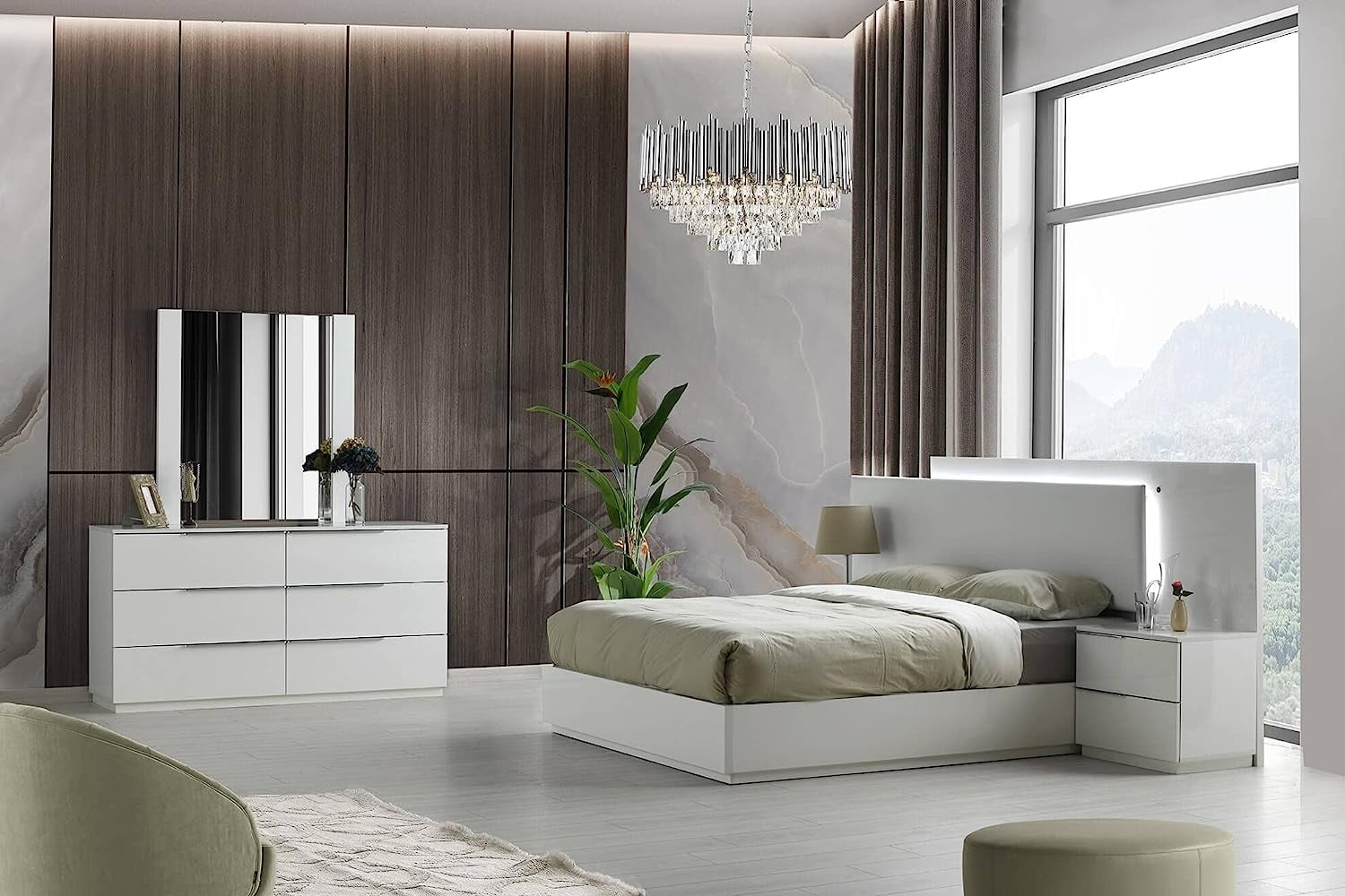 Warsaw Glossy Platform LED Bedroom Set (Queen Bed 2 Nightstands Dresser