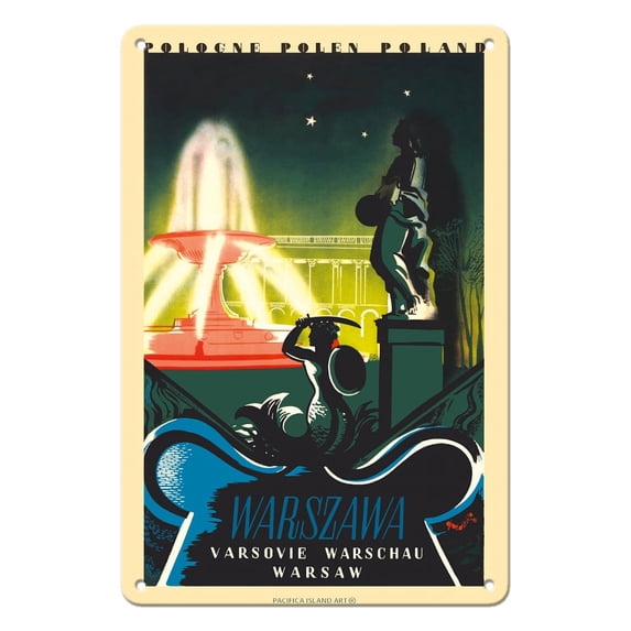 Warsaw Poland - Saxon Palace Gardens Fountain - Vintage Travel Poster by Tadeusz Gronowski c.1936 - 8 x 12 inch Vintage Metal Tin Sign