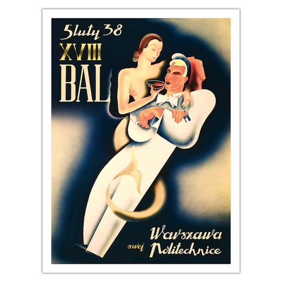 Warsaw Poland - The XVIII Ball February 5 1938 - Polytechnical Institute - Vintage Travel Poster by S. Malewicz c.1938 - Bamboo Fine Art 290gsm Paper (Unframed) 12x16in