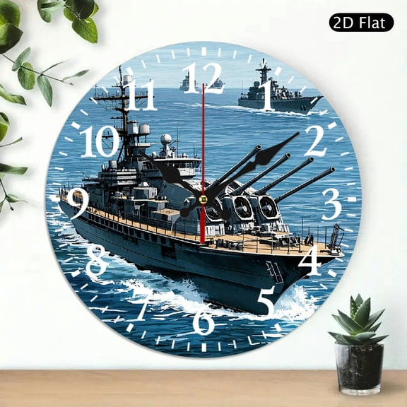 Warship Pattern Round Wall Clock Military Naval Decor 10x10 Inch 1pc Battery Not Included