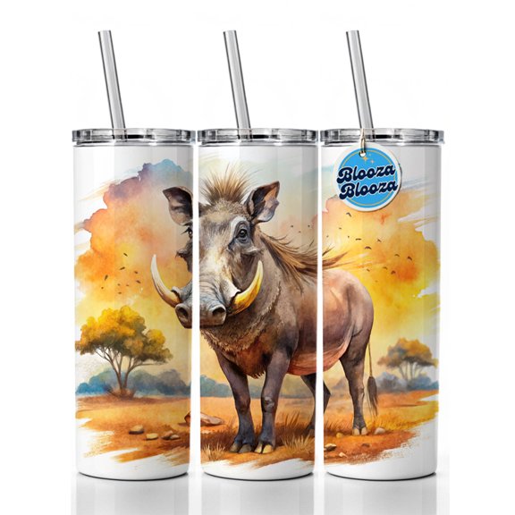 Warthog African Plain Watercolor Design 20oz Insulated Water Bottle Skinny Tumbler Includes Straw