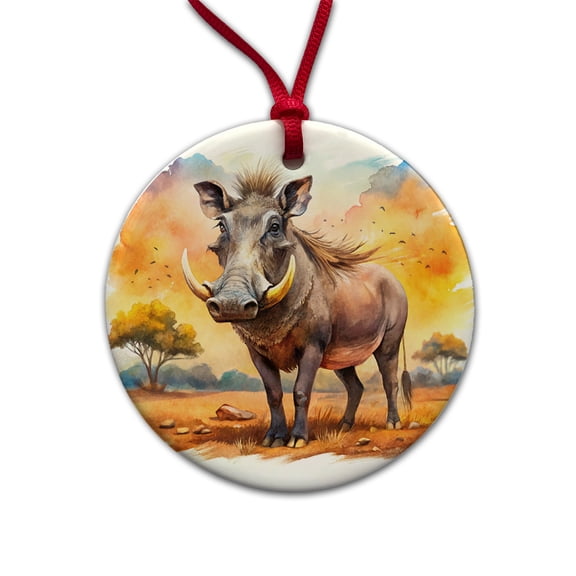 Warthog African Plain Watercolor Design Christmas Tree Holiday Round Ceramic Ornament