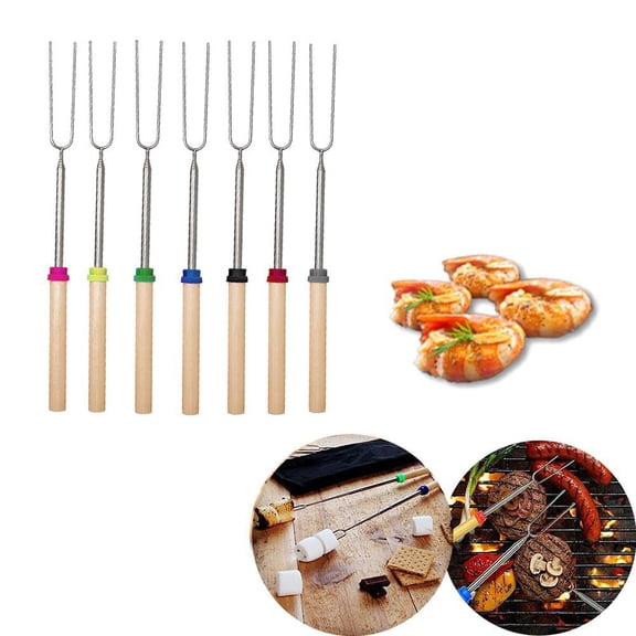 Wartleves Marshmallow Roasting Sticks, Extendable to 32 Inches Long Stainless Steel Grilling Sticks Telescopic Barbecue Forks Retractable Smores Skewers with Anti-slip Wooden Handle for BBQ Outdoor