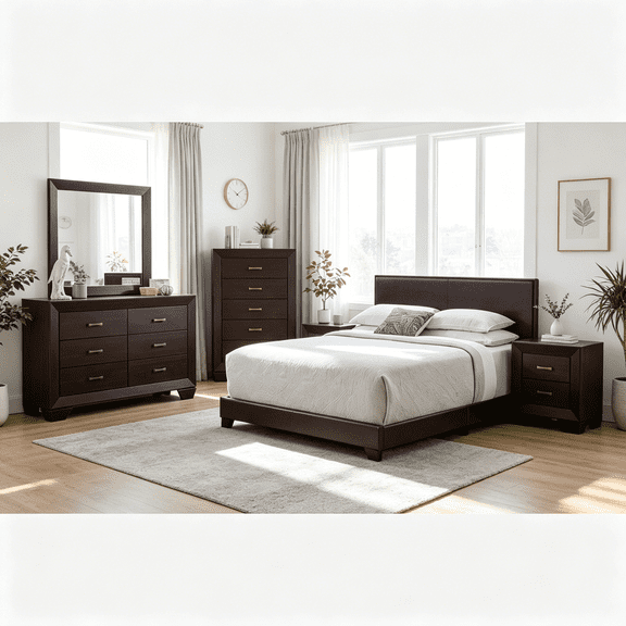 Warwick 5-Piece Queen Bedroom Set in Dark Cocoa Brown, Upholstered Leatherette Headboard, Modern Bed Frame with Nightstand, Dresser, Mirror & Chest