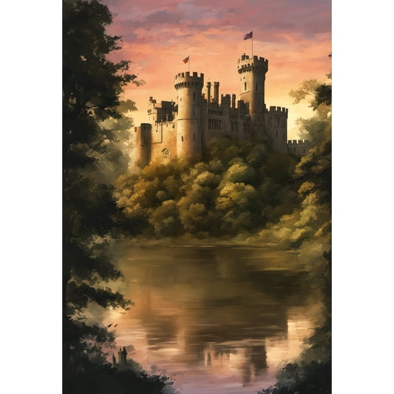 Warwick Castle in A Forest at Sunset Digital Painting - 12" x 18" Art Print Wall Decor