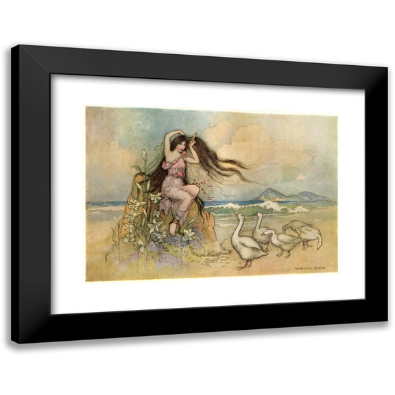 Warwick Goble 24x18 Black Modern Framed Museum Art Print Titled - Marziella on the Sea-Shore (1911)