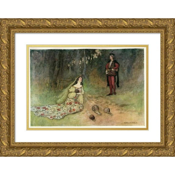 Warwick Goble 24x18 Gold Ornate Framed and Double Matted Museum Art Print Titled - The Prince and Filadoro with the Snails (1911)