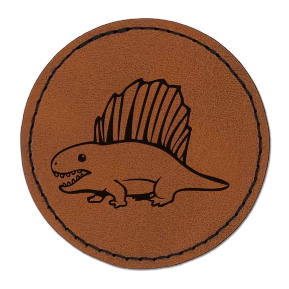 Wary Dimetrodon Dinosaur with Dorsal Sail Fin 2.5" Faux Leather Round Engraved Iron-On Patch - Brown
