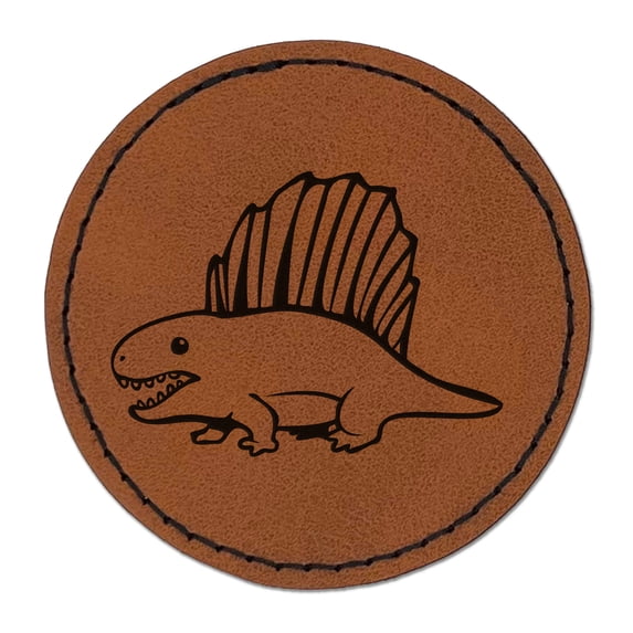 Wary Dimetrodon Dinosaur with Dorsal Sail Fin 2.5" Faux Leather Round Engraved Iron-On Patch - Brown