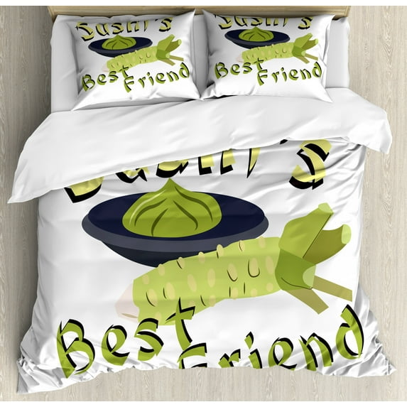 Wasabi Duvet Cover Set Queen Size, Sushis Best Friend Text with Japanese Oriental Flavor, Decorative 3 Piece Bedding Set with 2 Pillow Shams, Yellow Green Avocado Green Dark Blue Grey, by Ambesonne