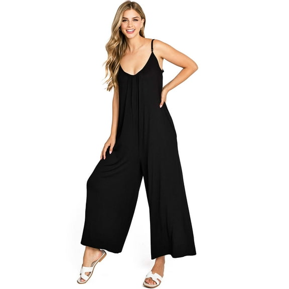 Wasabi & Mint Women's Loose Comfy Oversize Casual Cami Jumpsuit (S, Black)