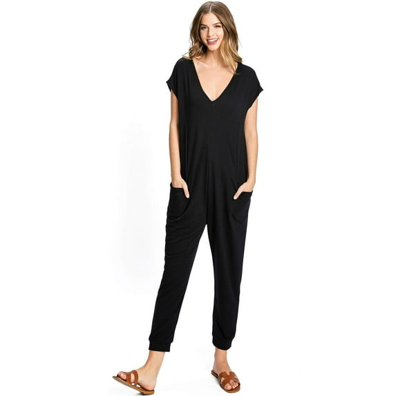 Wasabi & Mint Women's Lounge Relax Fit Short Sleeve Crop Jumpsuit (Medium, Black)