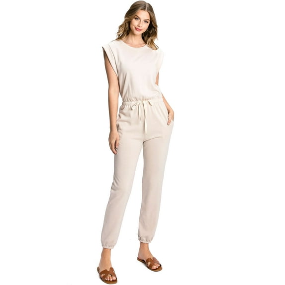 Wasabi & Mint Womens Juniors Jogger Slim Fit Jumpsuit (L, Cream)