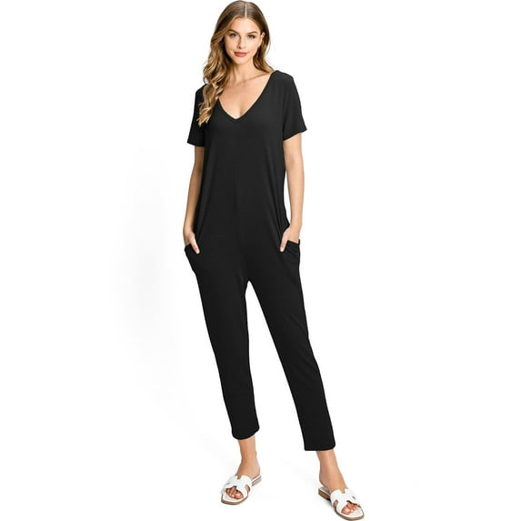 Wasabi & Mint Womens V-Neck Short Sleeve Comfy Onesie Jumpsuit (S, Black)