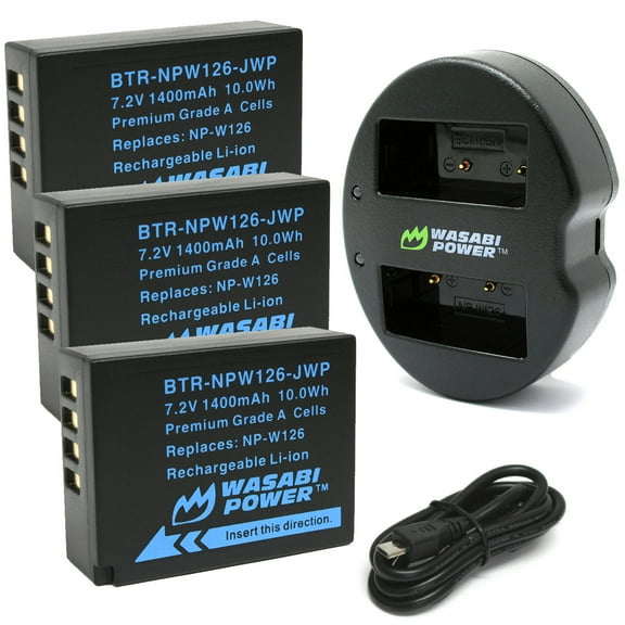 Wasabi Power Battery (3-Pack) and Dual Charger for Fujifilm NP-W126, NP-W126S