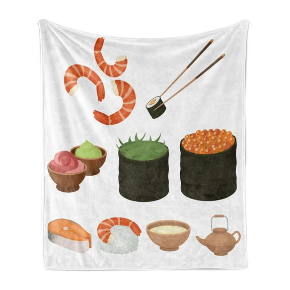 Wasabi Soft Flannel Fleece Throw Blanket, Cartoon Graphic with Folkloric Food Sauce and Drink Items Illustration, Cozy Plush for Indoor and Outdoor Use, 60" x 80", Multicolor, by Ambesonne
