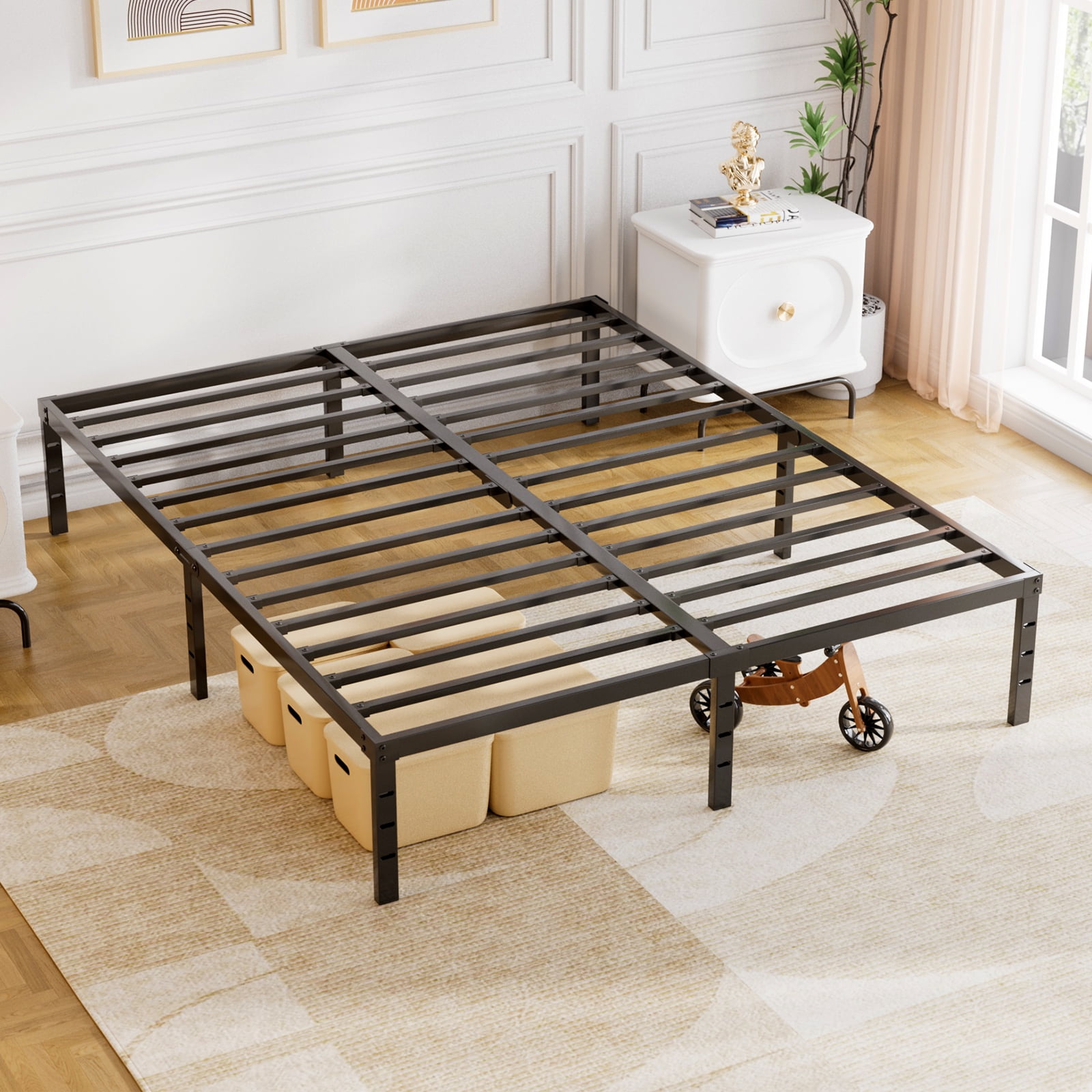 Black Metal Queen Bed Frame with Storage and Slats