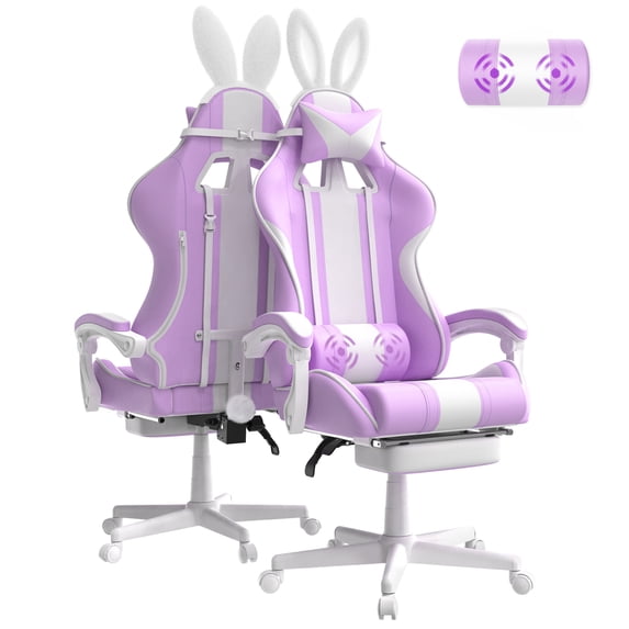 Wasait Gaming Chair with Footrest High Back Ergonomic Office Gamer Chair with Massage and Headrest Lumbar Support Computer Game Chair Cute Bunny Ears for Adults, Light Purple