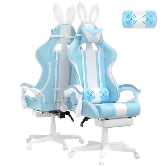 Wasait Gaming Chair with Footrest High Back Ergonomic Office Gamer Chair with Massage and Headrest Lumbar Support Computer Game Chair Cute Bunny Ears for Adults, Light Blue