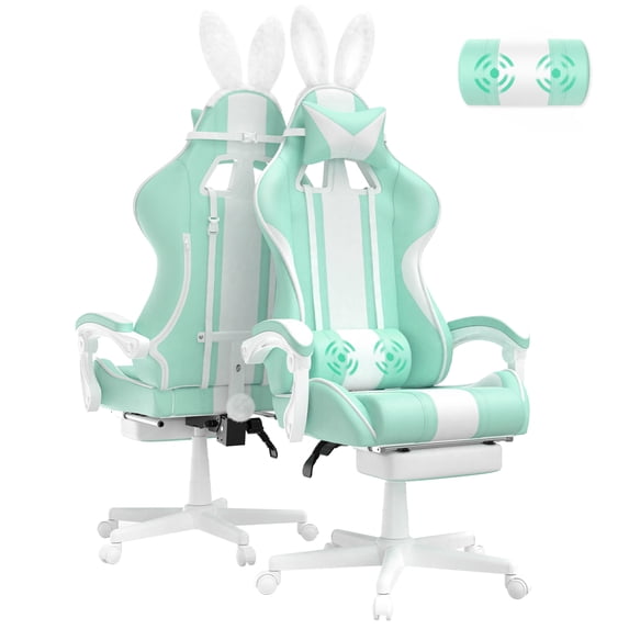 Wasait Gaming Chair with Footrest High Back Ergonomic Office Gamer Chair with Massage and Headrest Lumbar Support Computer Game Chair Cute Bunny Ears for Adults, Light Green