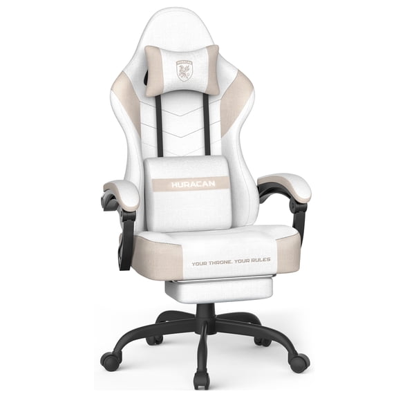 Wasait Linen Fabric Gaming Chair with Footrest, High Back Ergonomic Chair with Massage Lumbar Pillow, Gamer Chair with Adjustable Headrest, Computer Office Game Chair for Adults, Beige&Coffee