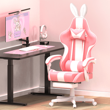 Wasait Pink Gaming Chair with Footrest Height Adjustable Office Chair with Headrest and Massage Lumbar Support Ergonomic Computer Chair with Bunny Ears Gaming Chair for Adults