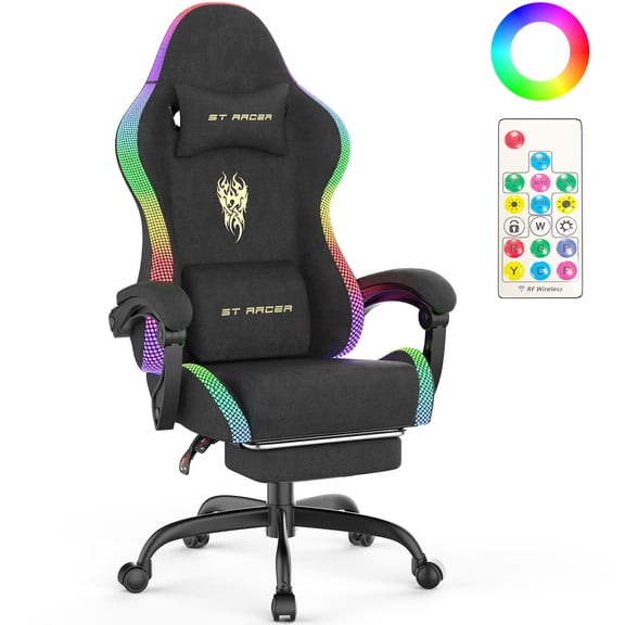 Wasait RGB Gaming Chair with LED Lights, Ergonomic Velvet Gamer Chair with Footrest, Massage Lumbar Support & Headrest, Adjustable Swivel Video Game Chairs for Adults, Black