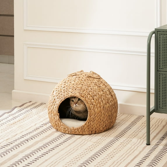 Wasait Water Hyacinth Woven Wicker Round Cat Bed Cave with Handles - 18" x 18" x 18" - For Any Size Cat Breeds, Chihuahua and Use with Cat Tower