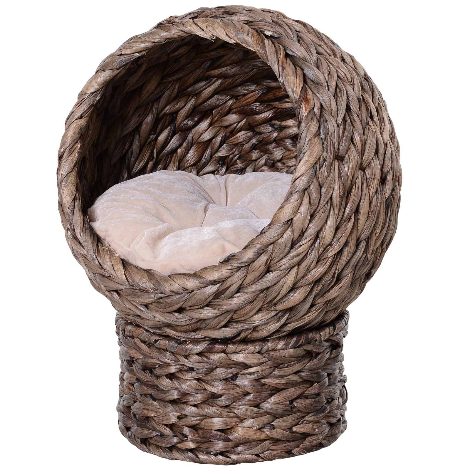 Handwoven Brown Wicker Elevated Cat Bed with Soft Cushion