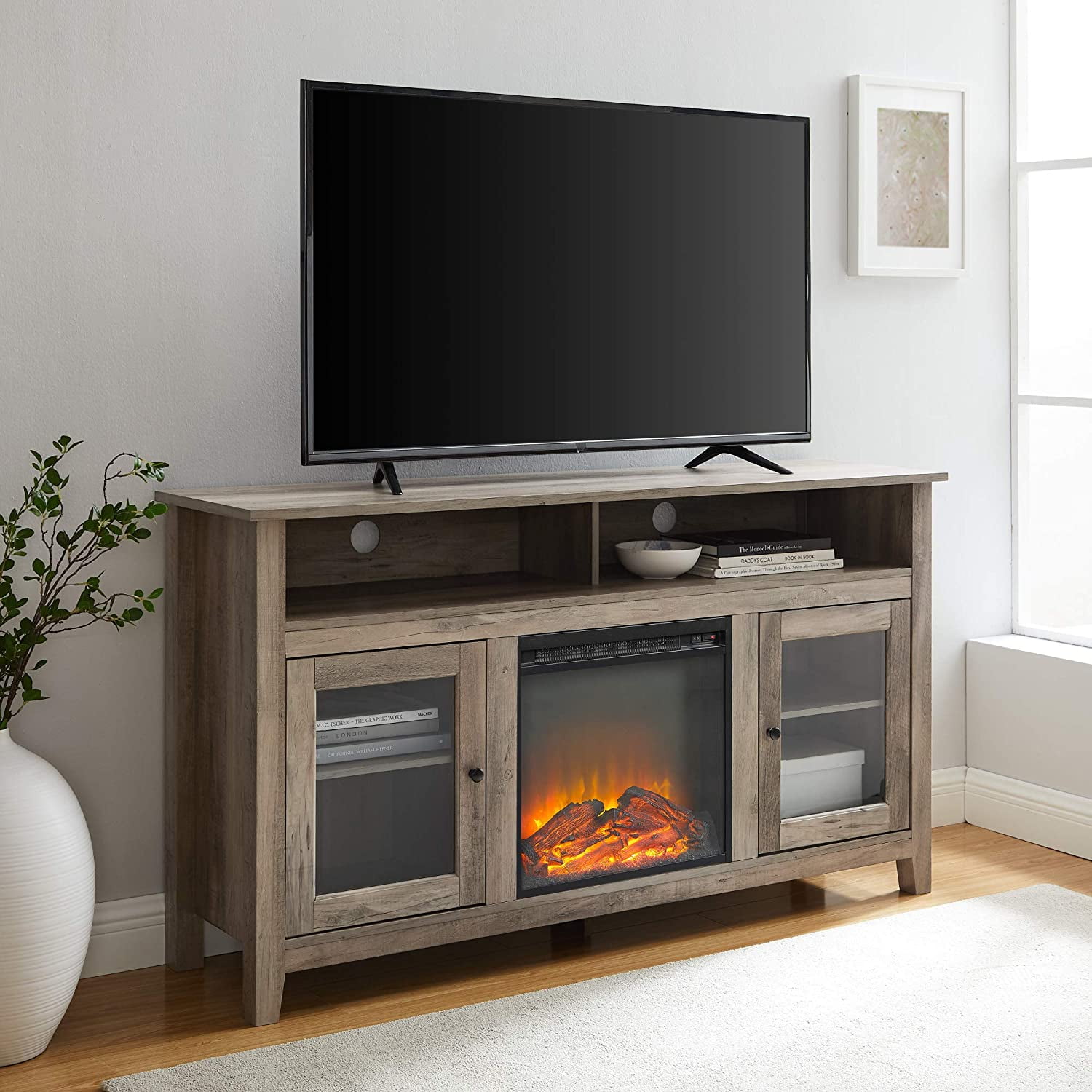 Gray Wash 58" MDF Glass Door Fireplace TV Stand