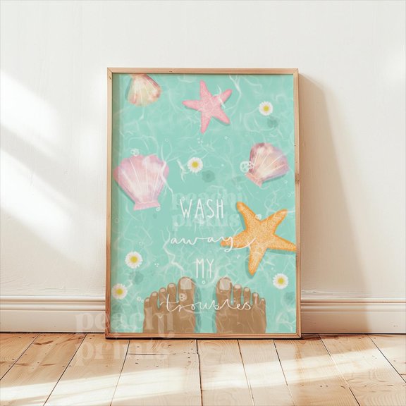 Wash Away My Troubles Print Bathroom Wall Art SeaShells Ocean Poster