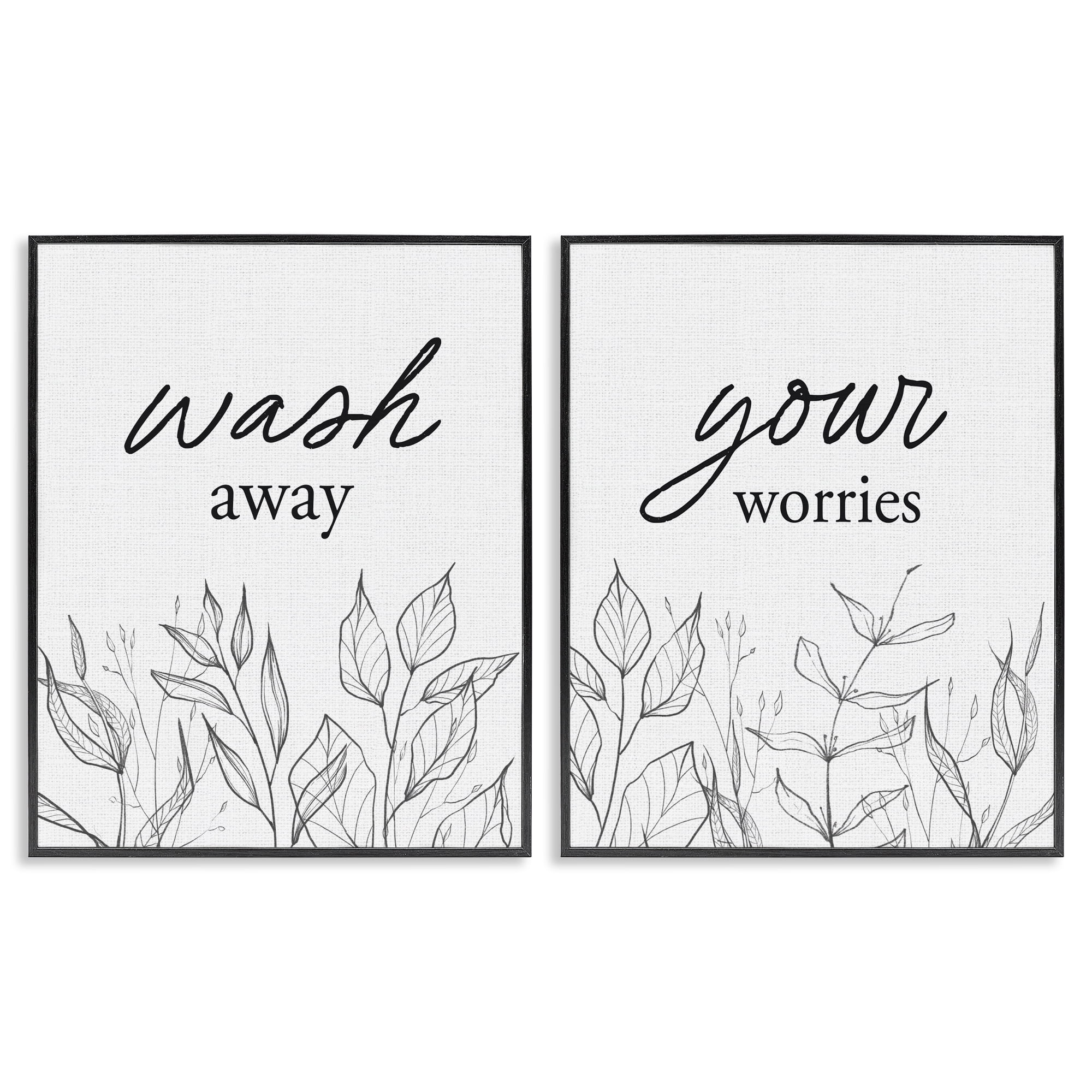 Wash Away Worries Minimalist Leaves 2 Piece Black Framed Giclee Art Set, design by Lettered and Lined