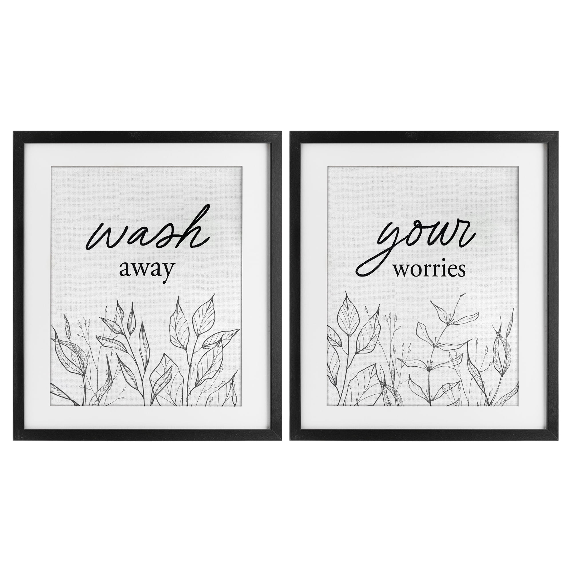 Wash Away Worries Minimalist Leaves 2 Piece Black Framed Print Under Glass Set, design by Lettered and Lined