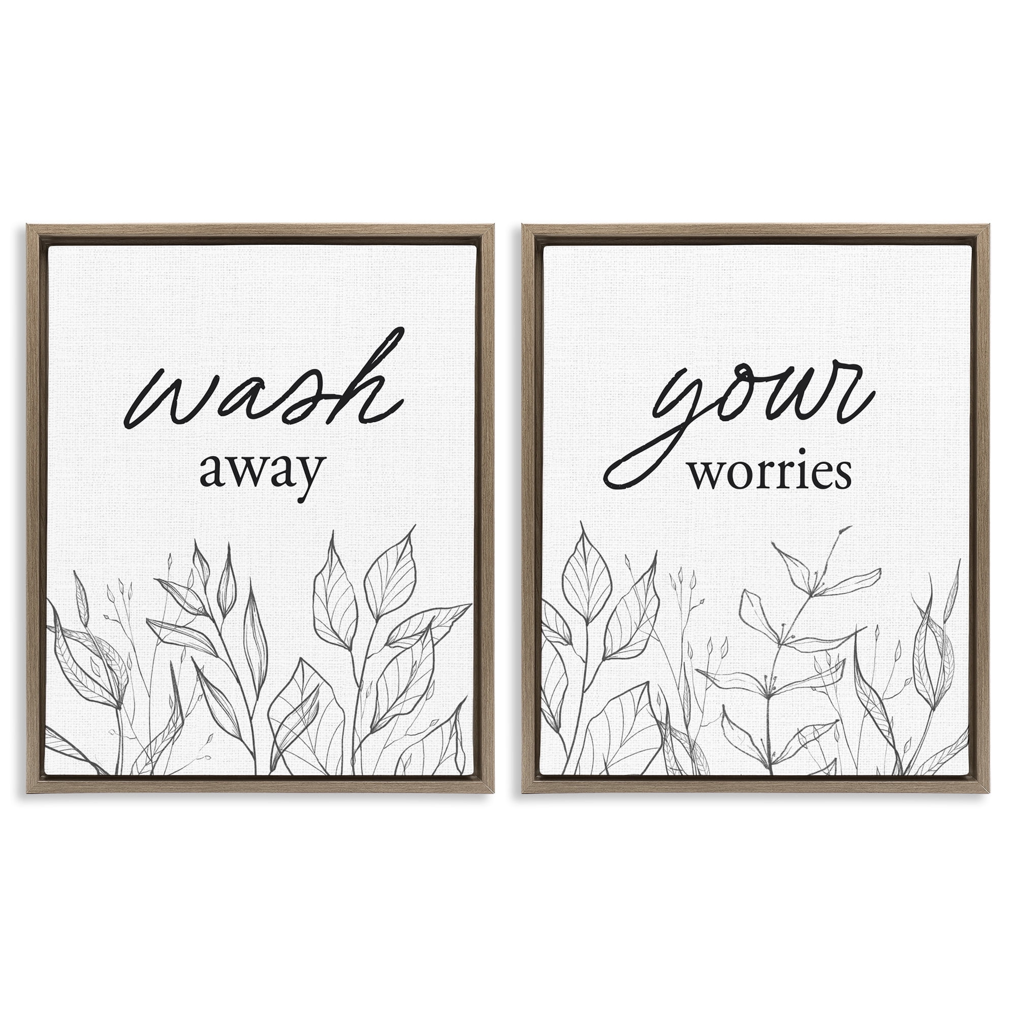 Wash Away Worries Minimalist Leaves 2 Piece Brown Framed Floater Canvas Set, design by Lettered and Lined
