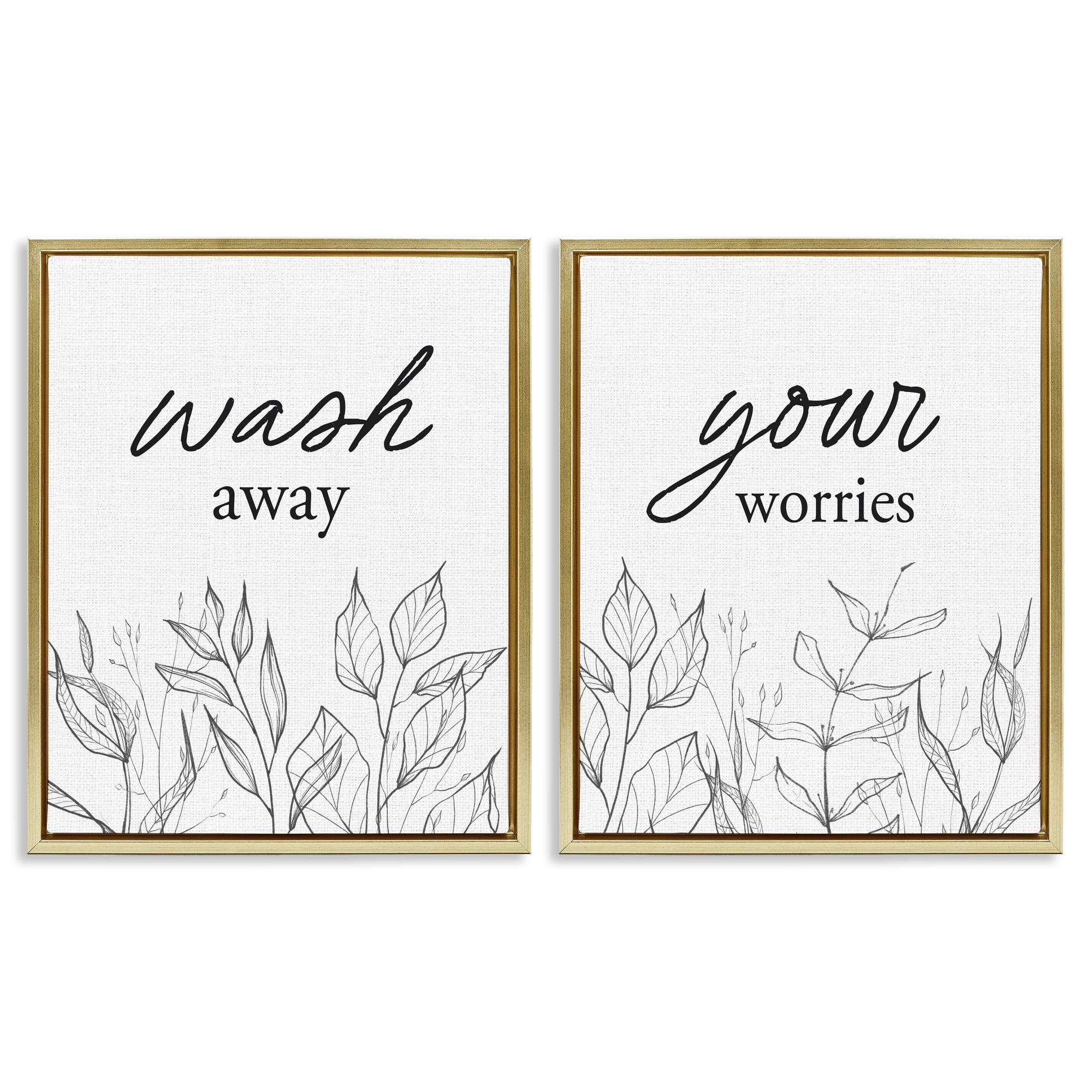 Wash Away Worries Minimalist Leaves 2 Piece Gold Framed Floater Canvas Set, design by Lettered and Lined