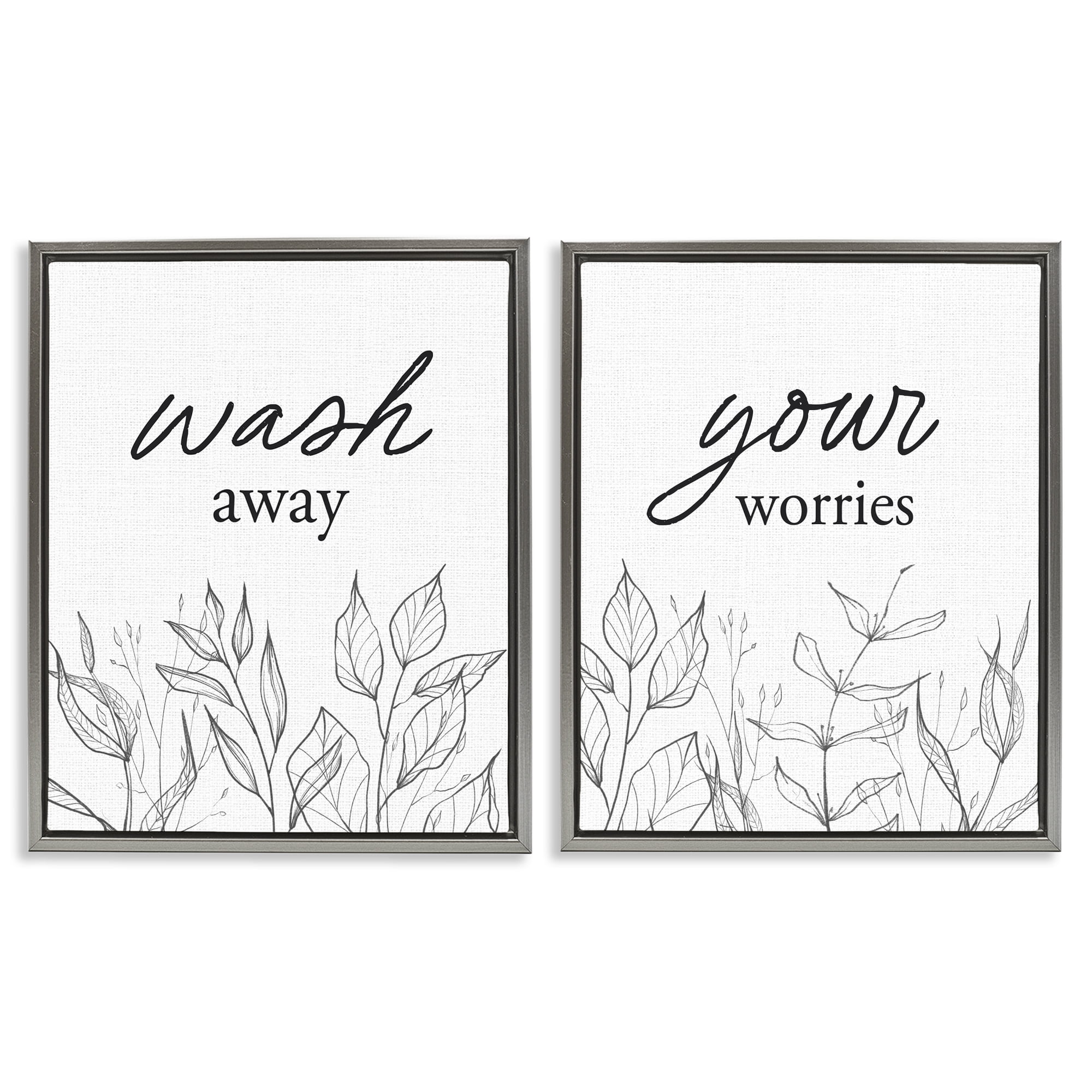 Wash Away Worries Minimalist Leaves 2 Piece Gray Framed Floater Canvas Set, design by Lettered and Lined