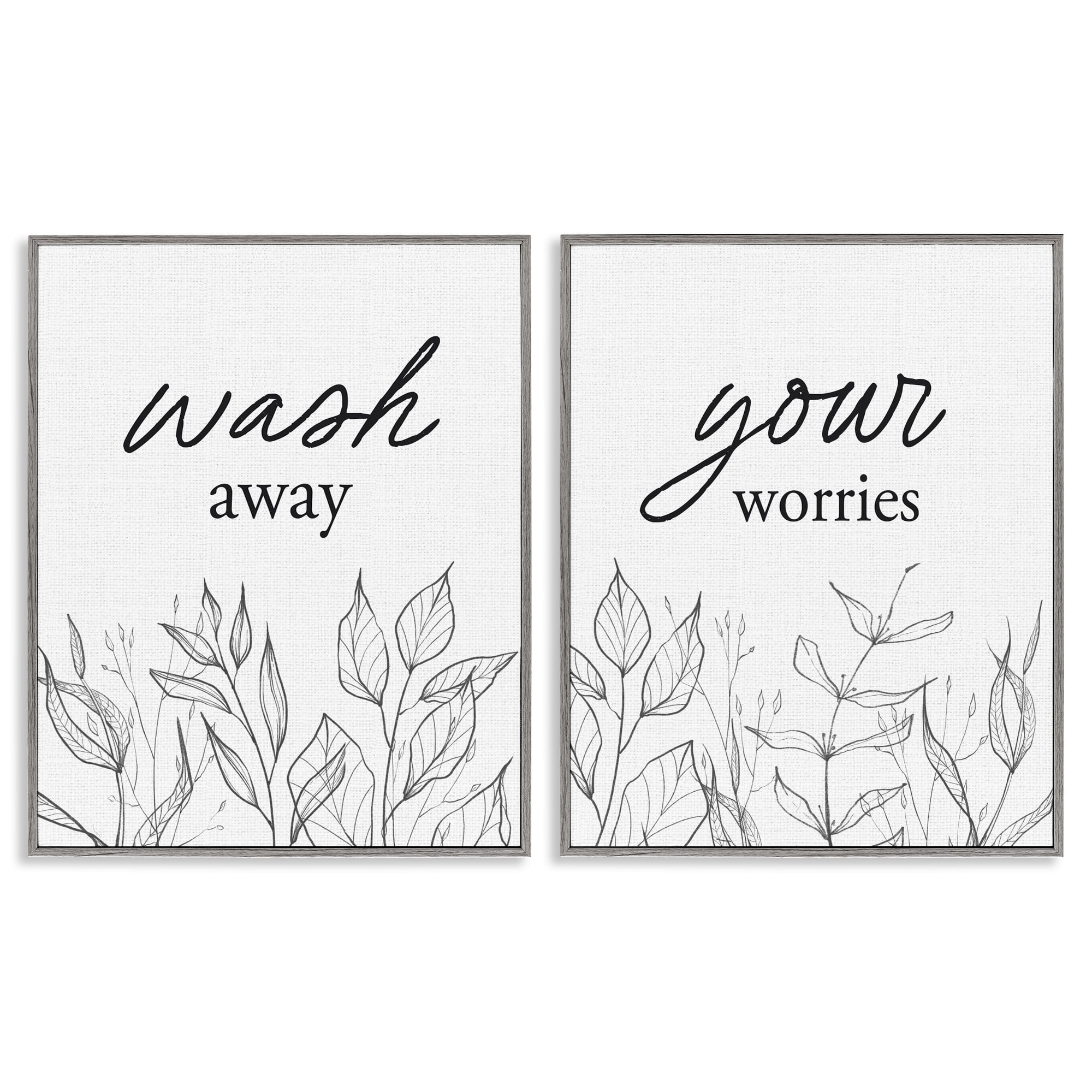 Wash Away Worries Minimalist Leaves 2 Piece Gray Framed Giclee Art Set, design by Lettered and Lined