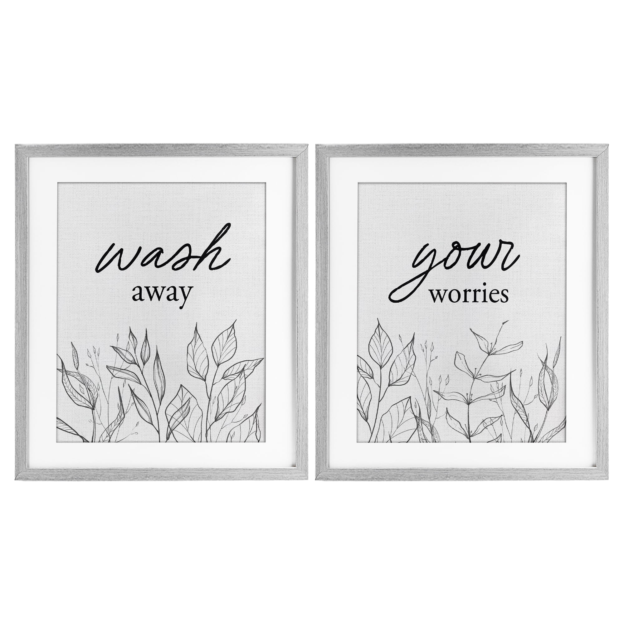 Wash Away Worries Minimalist Leaves 2 Piece Gray Framed Print Under Glass Set, design by Lettered and Lined