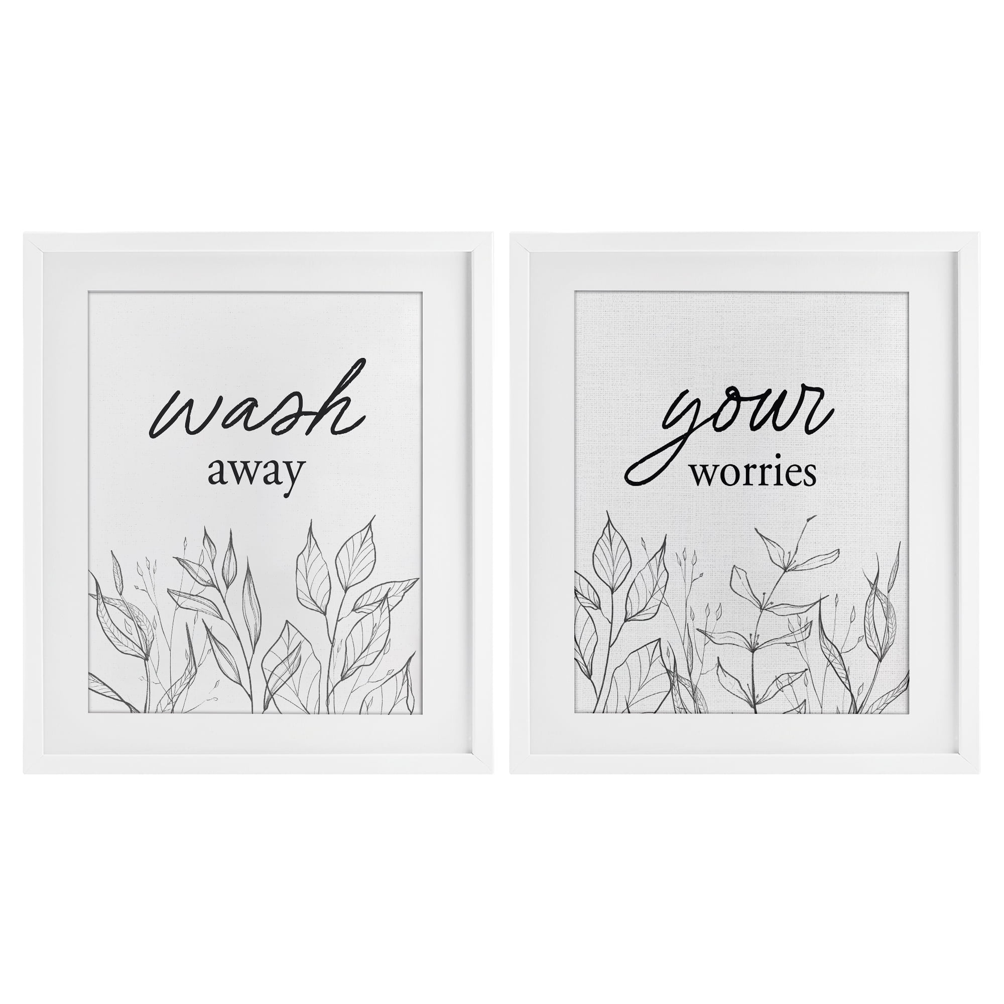 Wash Away Worries Minimalist Leaves 2 Piece White Framed Print Under Glass Set, design by Lettered and Lined