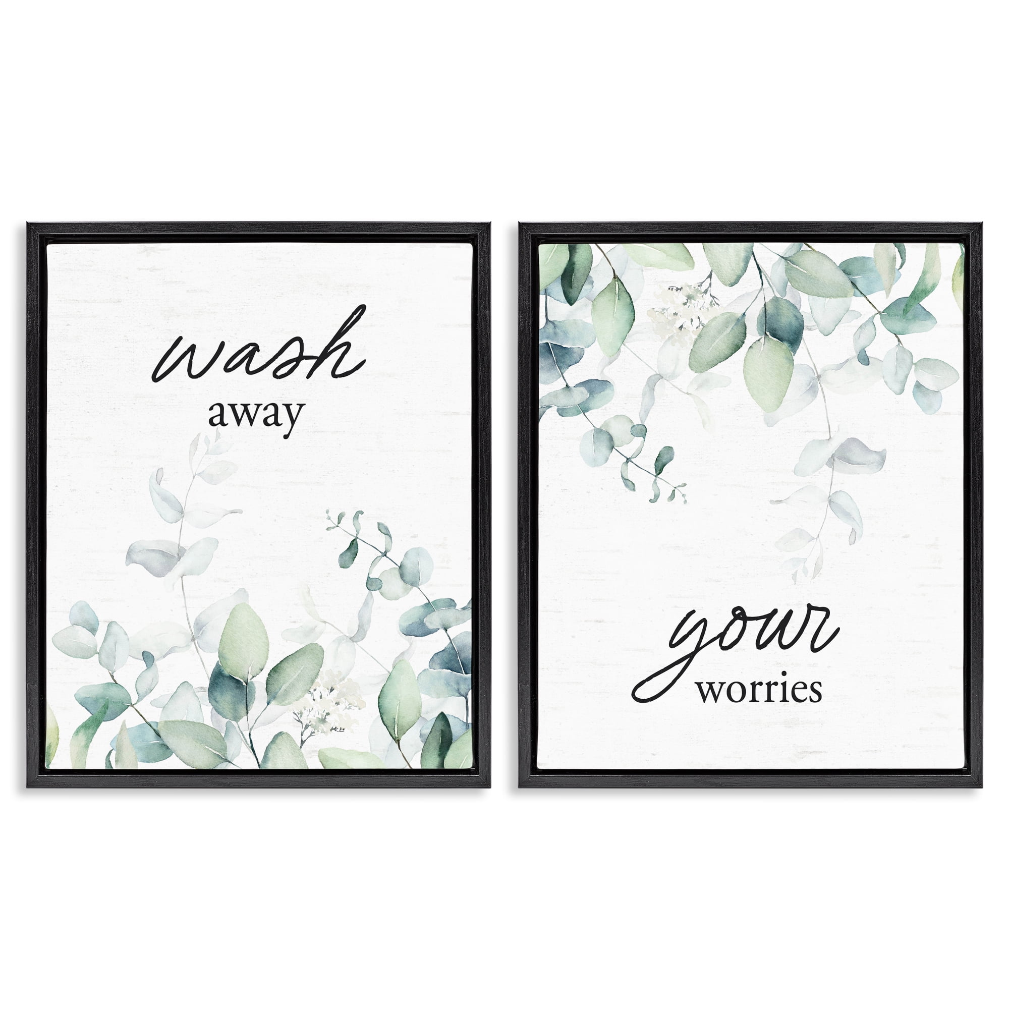Wash Away Your Worries Leaves 2 Piece Black Framed Floater Canvas Set, design by Lettered and Lined