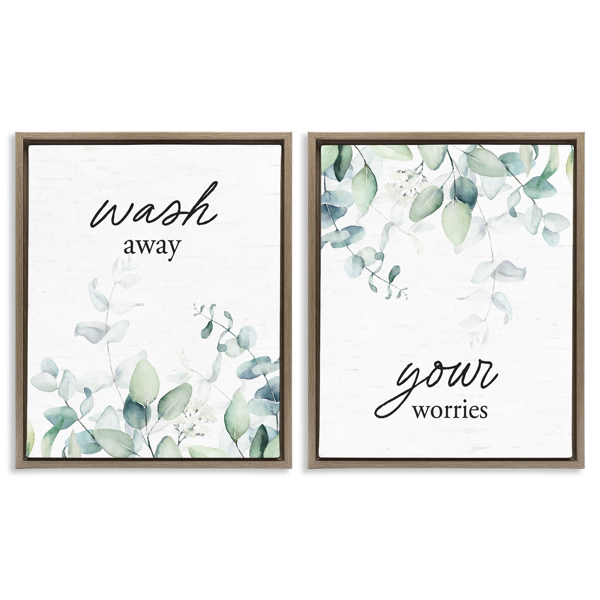 Wash Away Your Worries Leaves 2 Piece Brown Framed Floater Canvas Set, design by Lettered and Lined