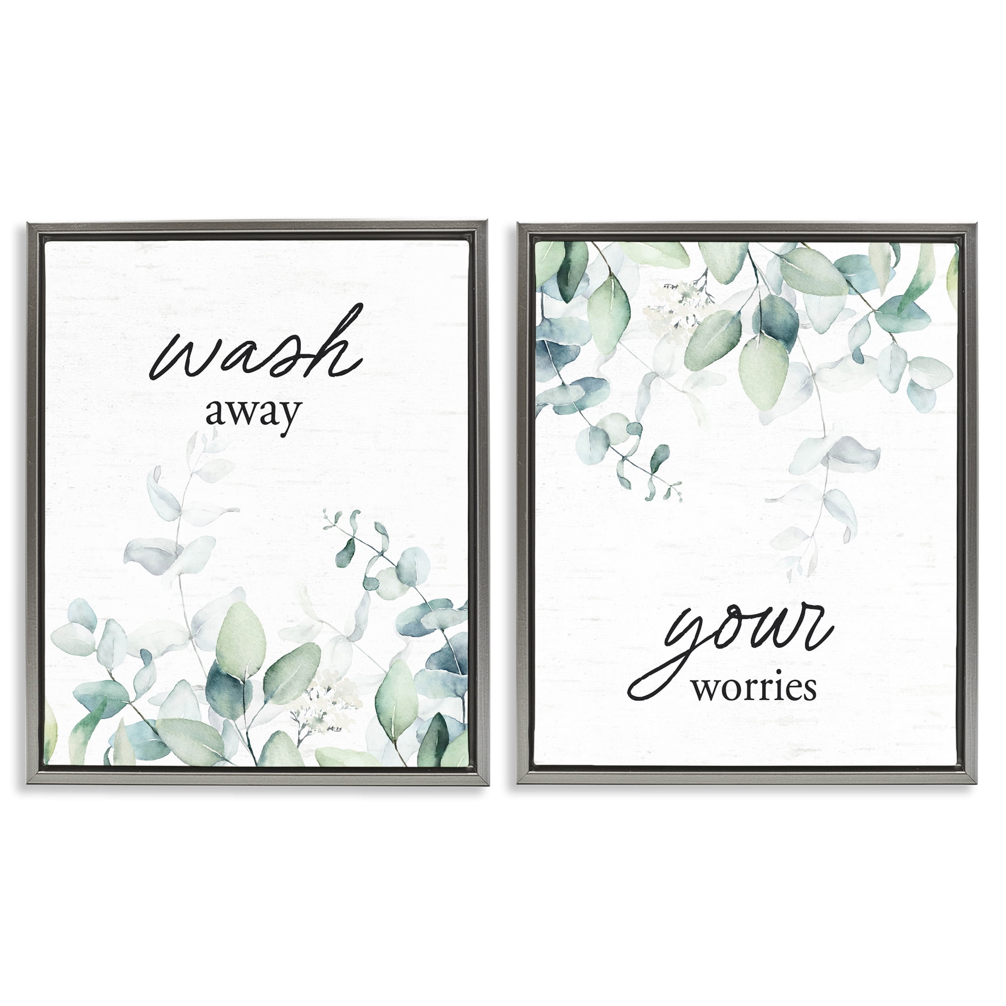 Wash Away Your Worries Leaves 2 Piece Gray Framed Floater Canvas Set, design by Lettered and Lined