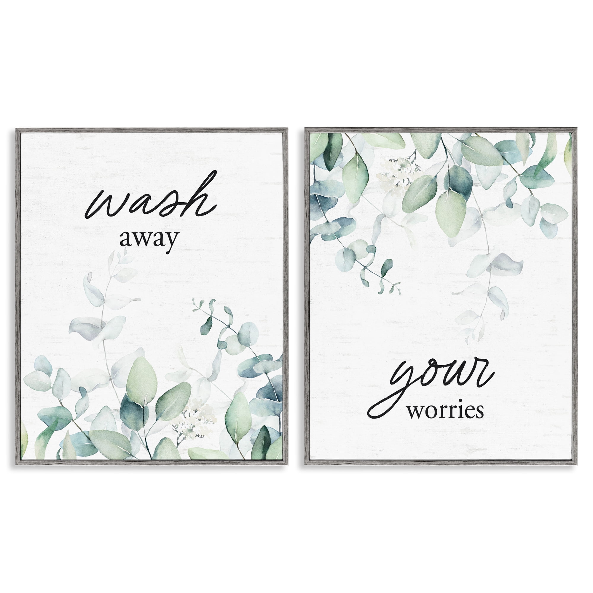 Wash Away Your Worries Leaves 2 Piece Gray Framed Giclee Art Set, design by Lettered and Lined